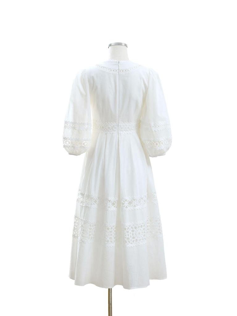 Hand-Crocheted Lace Trim V-Neck Lantern Sleeve Beach Dress - French Hollow Out Style