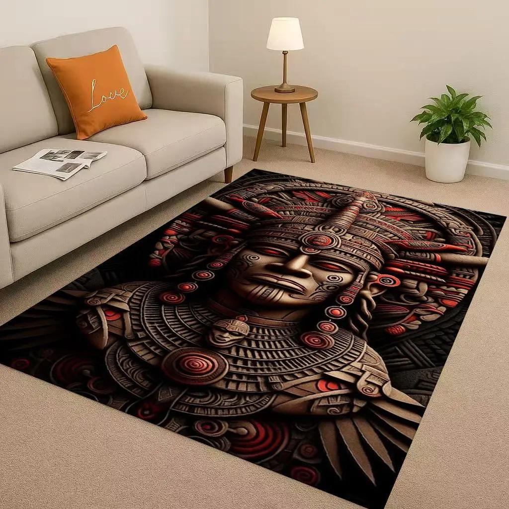 Retro Aztec Totem Maya Mask Sun God Living Room Non-Slip Area Rug Soft Carpet For Bedroom Sofa , Easy Clean Home Doormat Playmat