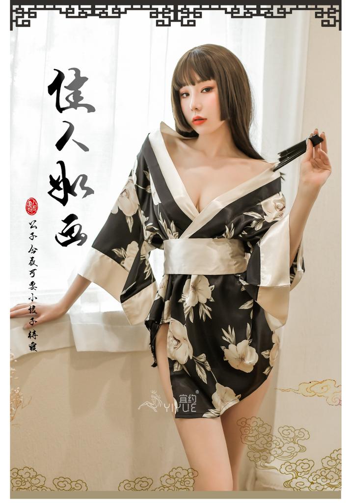 Sexy underwear plus size printed Japanese kimono sexy lace-up bathrobe seduction pajamas uniform set 8091