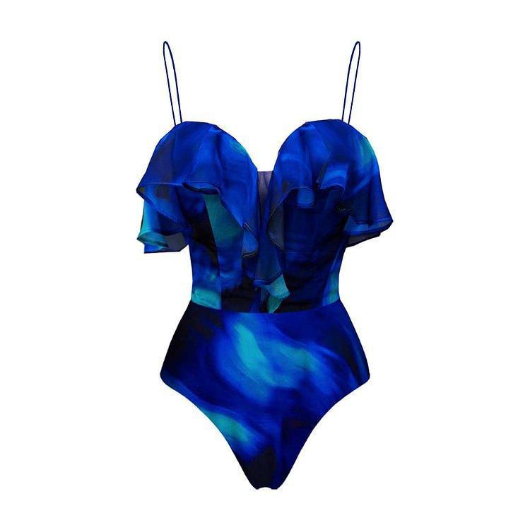 1011 European and American New Fast-selling Smudged Ruffle Leaf Edge One-piece Swimsuit Women's Vacation Suit Beach Skirt