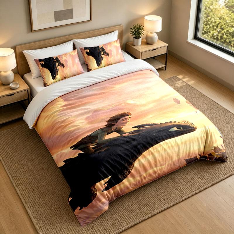 3Pcs Bedding SetHow to Train Your Dragon Soft Bed Sheet and Two Pillowcases Home Bedroom Decor