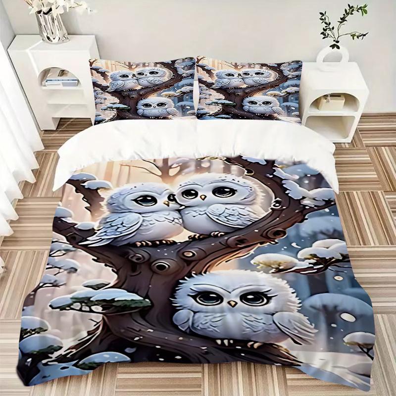 3pcs Anime Owl Comforter Set with One Quilt Cover and Two Pillowcases (No Core) - Festive Gift for Home Decor, Polyester Fabric, Cartoon Design, Suita