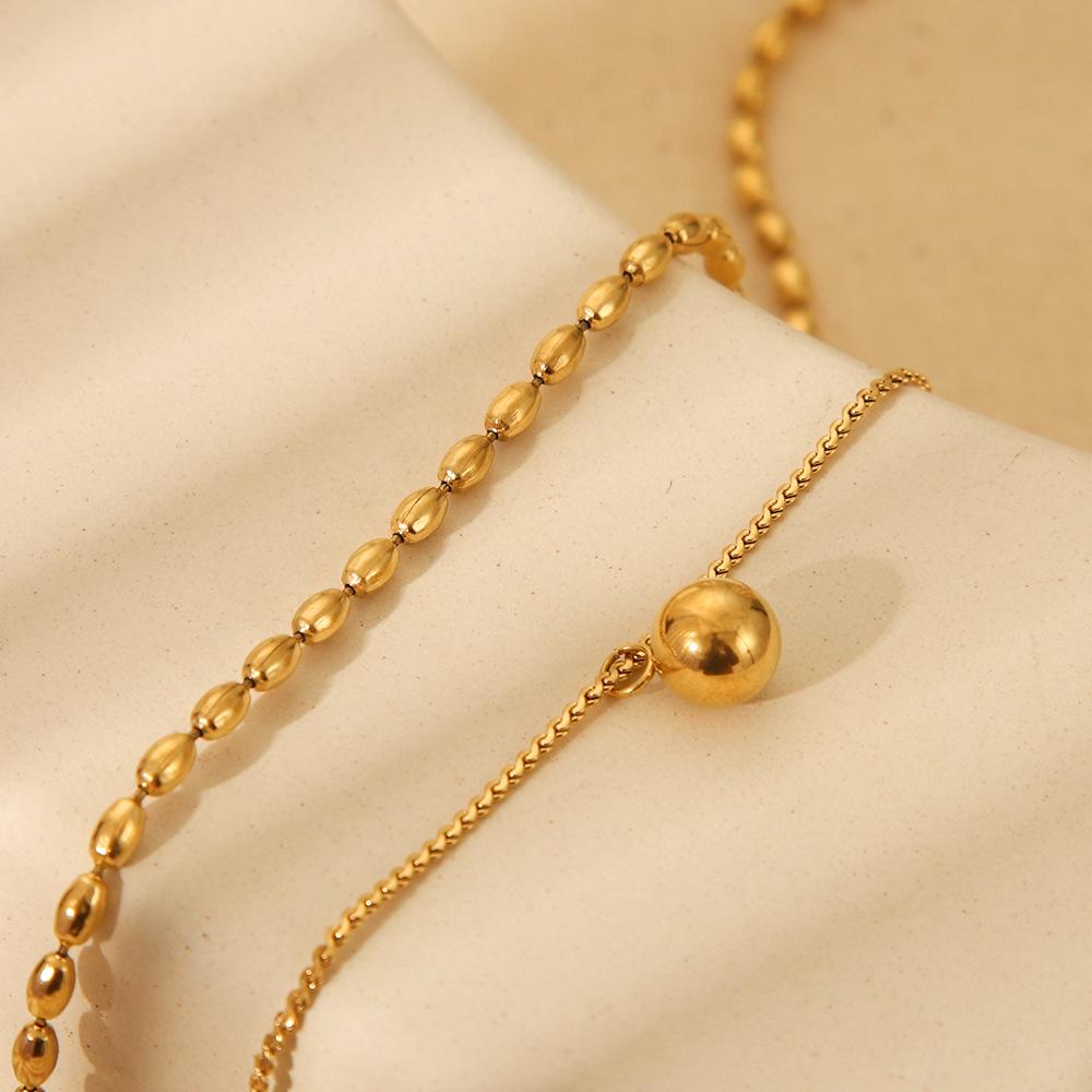 ins plated 18k gold stainless steel rice beaded gold ball pendant double layer stacked necklace niche design jewelry