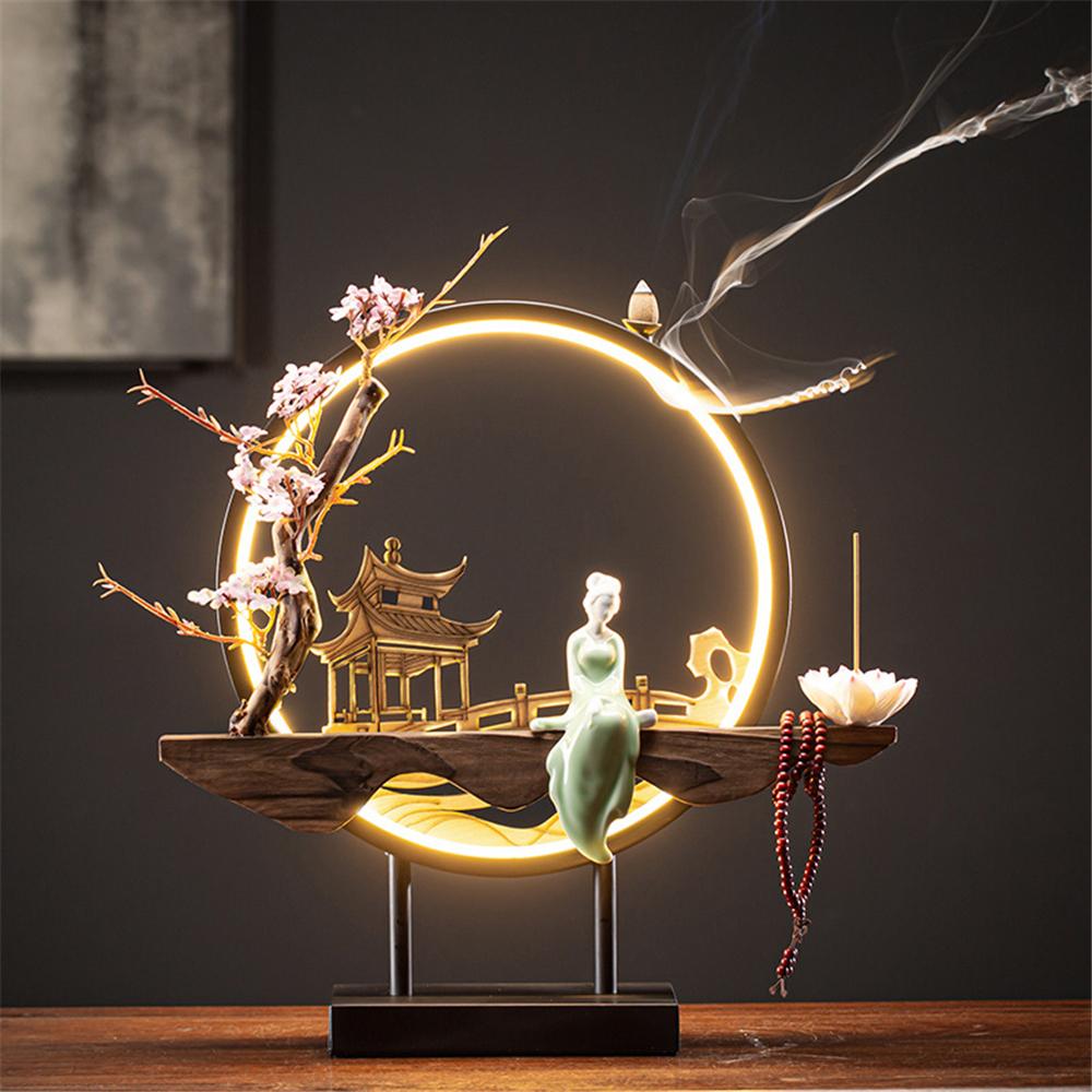 Led Light Backflow Incense Burner USB Light Circle Simulation Tree Ceramic Lotus Buddha Beads Home Office Decoration Furnishing
