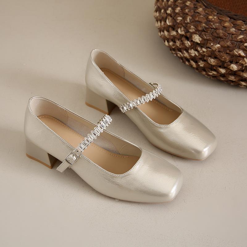 

25 summer new French temperament rhinestone single shoes square head retro Mary Jane shoes thick heel elegant fairy style with skirt 40 шампанского