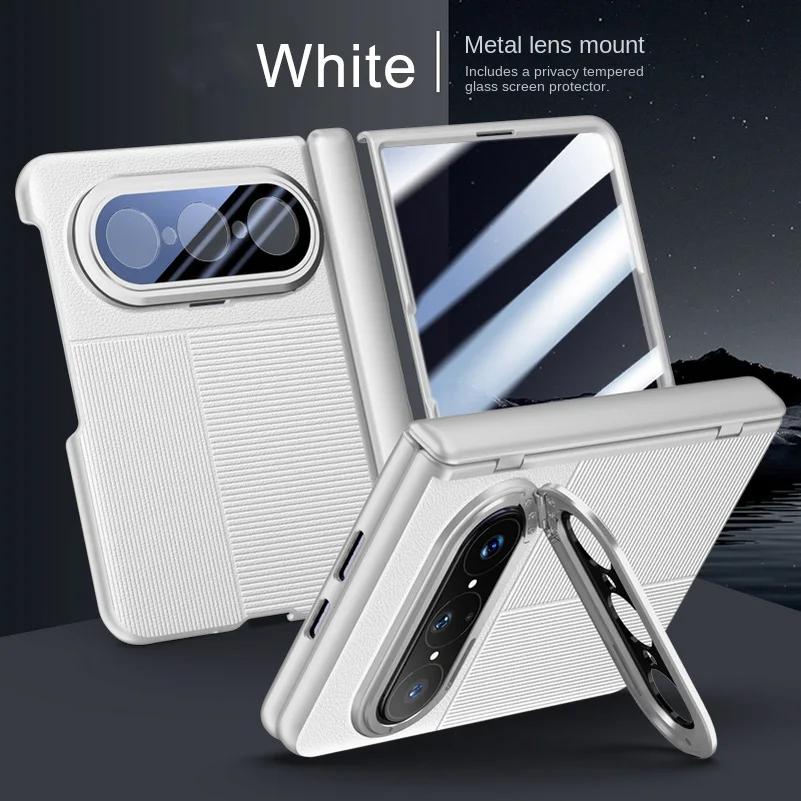 Leather Spring Hinged Lens Camera Holder Stand Case For Huawei Pura X Max With Screen Tempered Glass Protector Cover