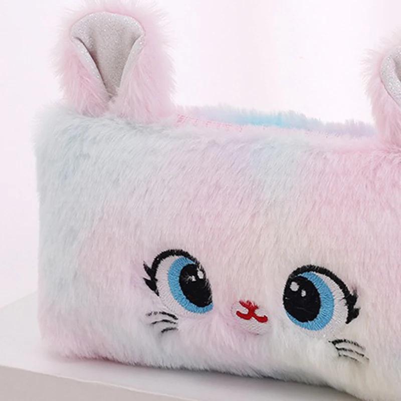Kawaii Cat Large-capacity Zipper Pencil Bag, Beautiful Cartoon Creative Plush Pencil Bag for Girls  Stationery Storage Bag