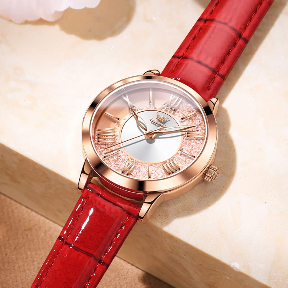 OLEVS Watch Popular Quartz Arm Watch Rose Gold Diamond Quicksand Dial Glitter Waterproof Luminous Present Day Leather Strap Red Women's Mother's