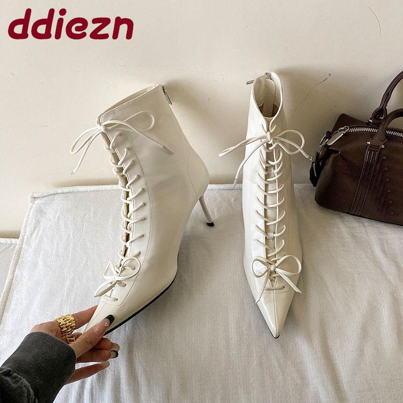 Módní dámské kotníkové boty s špičatou špičkou a tenkým podpatkem, módní šněrovací moderní dámské krátké boty, dámské lodičky