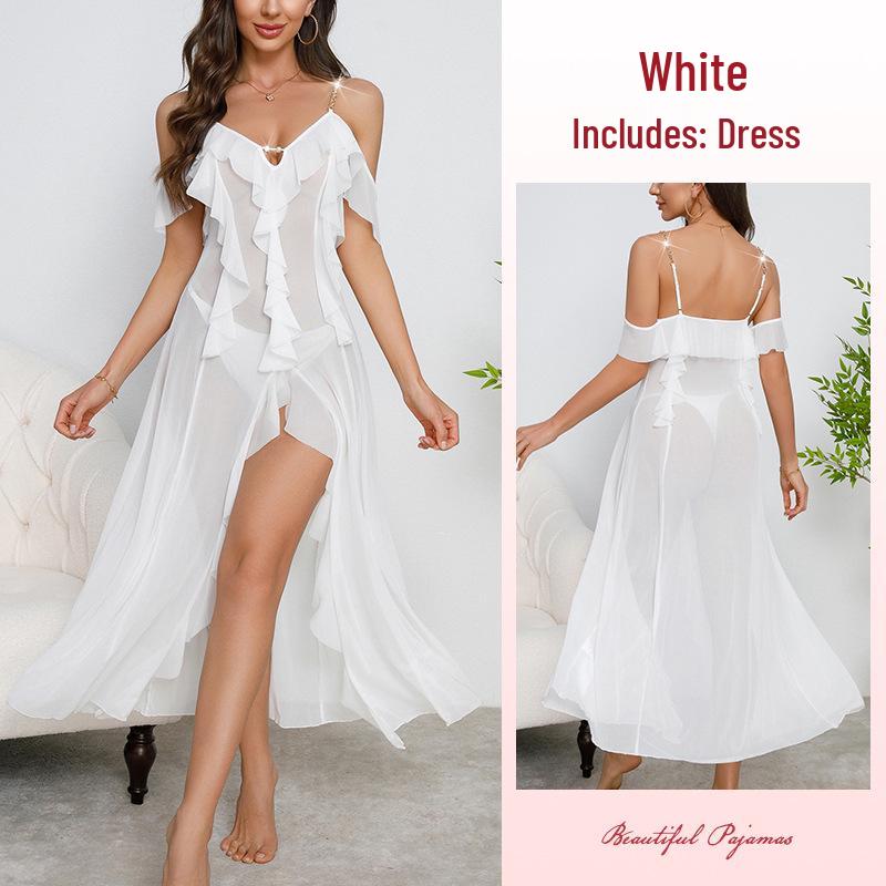 

Женская ночная сорочка с оборками, на бретелях, сетчатая, с открытой спиной - Разноцветные варианты Medium белый