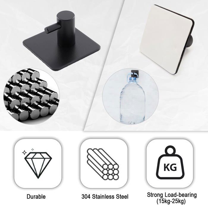 Crochets adhésifs muraux inox noir x4 – 15 lb, sans perçage, étanches pour salle de bain