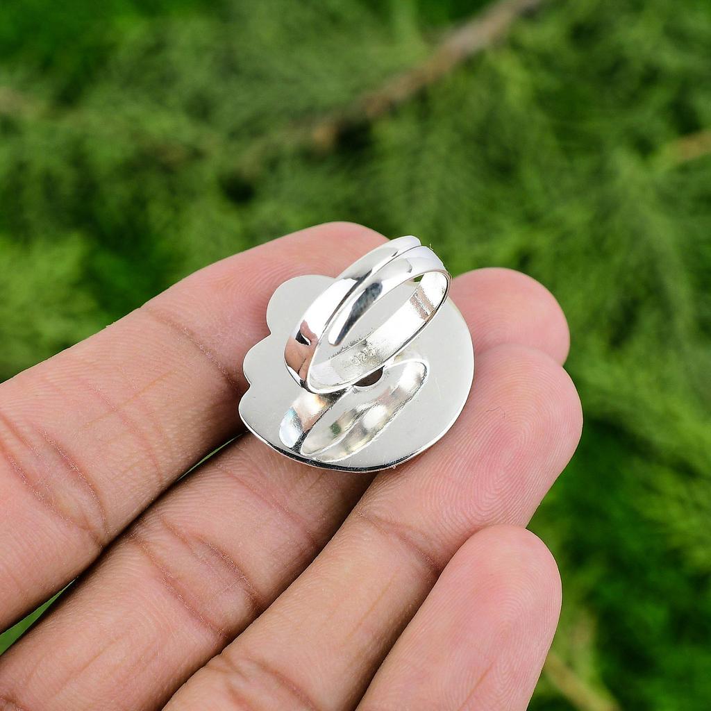 Round Rainbow Moonstone Stone 925 Silver Handmade Birthday Flower Statement Ring