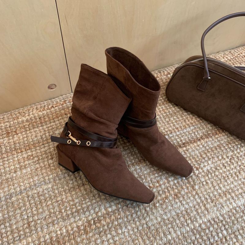 Retro thick heel two wear square head knight boots women's 2025 autumn and winter new suede belt buckle versatile and thin medium boots