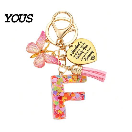 Keychain Pendant Pendant, Sequins Initial Letter Charm Key Chain with Butterfly Tassel Stainless Durable Steel Heart Design, A-Z Holder for Bag