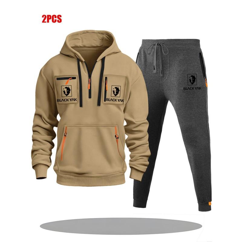 Mens Hoodie Sweatshirt Set Solid Color Multi-Zipper Pockets Casual Wear