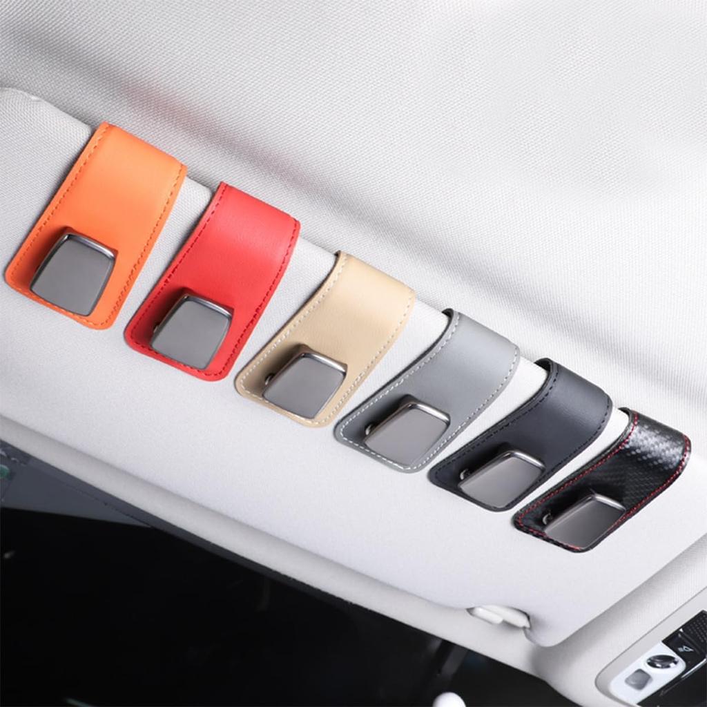 Car Sunglass Holders, 2PCS Leather Vehicle Sun Visor Eyeglasses Hanger Clip, One Handed Operation Automotive Interior Glasses Ticket Storage Clamp