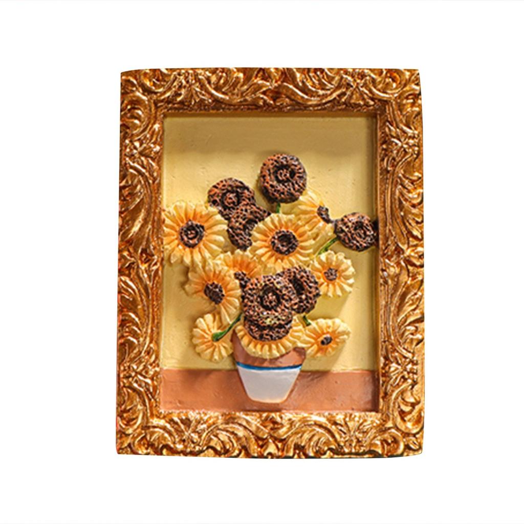 3D Oil Painting Fridge Magnets Set Of 6, Miniature /Flower/Seascape Sculptures With Gold Frames, Decorative Refrigerator Magnets For Kitch