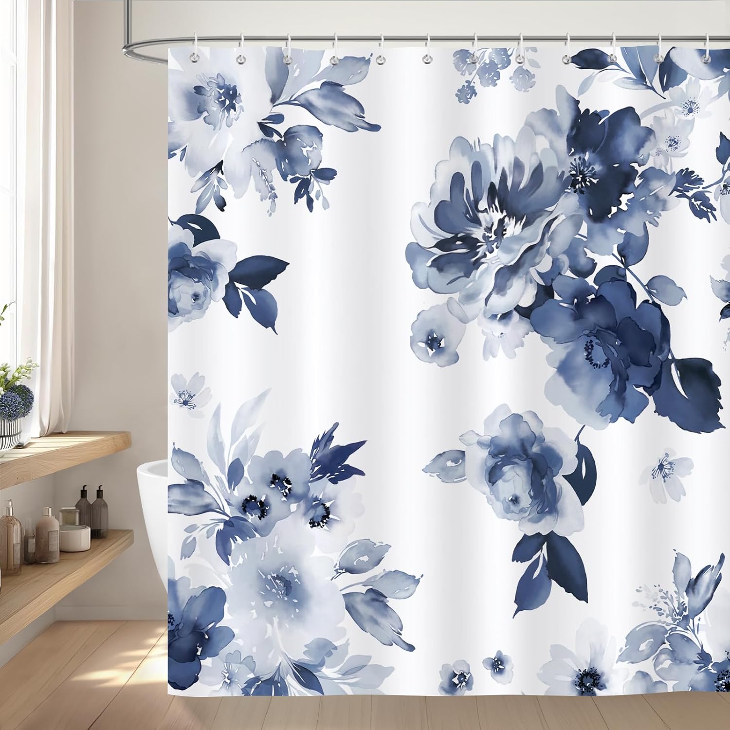 

Blue Ocean Flower Modern Watercolor Printed Shower Curtain Waterproof Washable Bathroom Shower Curtain 180x 180cm with 12 hooks W90xH180cm