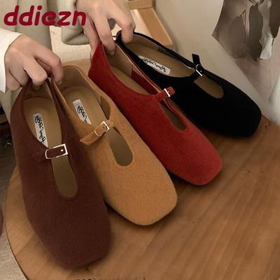 Mode Flock Mode Schnallenriemen Damen Mary Janes Ballerinas Schuhe Flach Damenschuhe Quadratische Zehenpartie Slipper Damen Ballerinas Schuhe