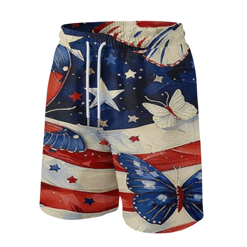 Men Drawstring Waist Shorts with Flag Print Elastic Adjustable Waistband Breathable Lightweight Fabric Casual Fit for Daily Wear