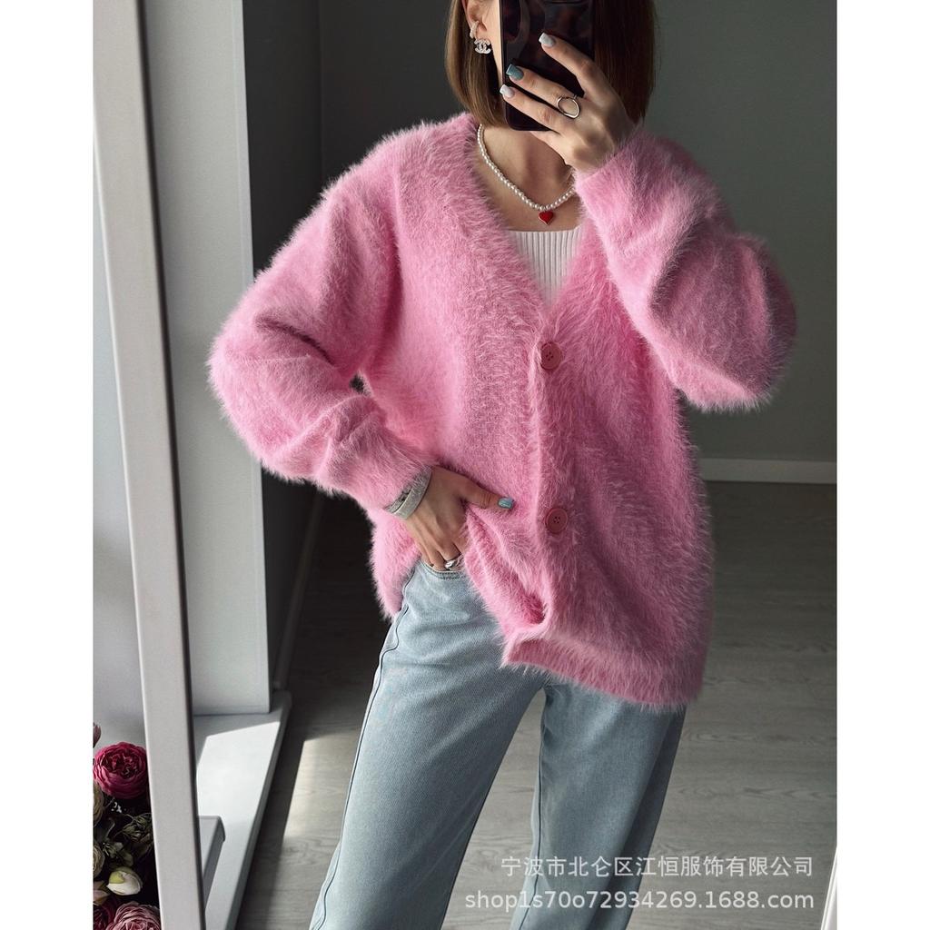 Knitted Cardigan for Women In Autumn, Loose V-neck Faux Mink Sweater, Soft and Thick Top