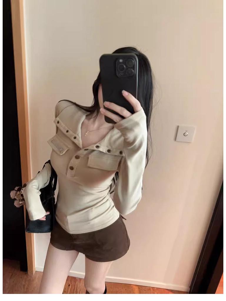 Women's Spicy Girl Style Stand-Collar Slimming Slim-Fit Long-Sleeve T-Shirt, Autumn/Winter, Stylish Waist-Cinching Base Layer