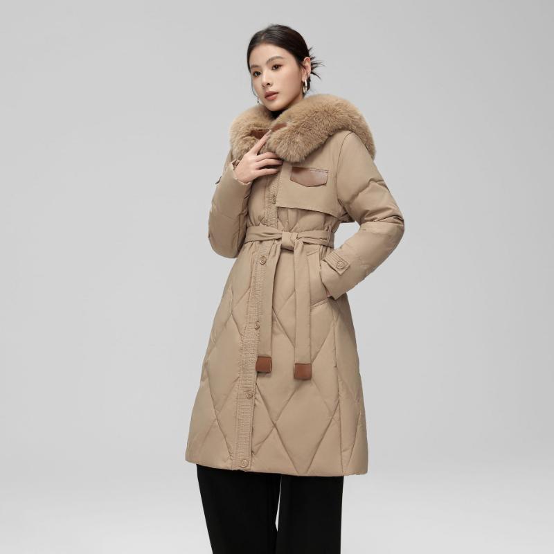Winter Down Jacket for Women Long Style Large Fur Collar Slim Waist White Duck Down Jacket