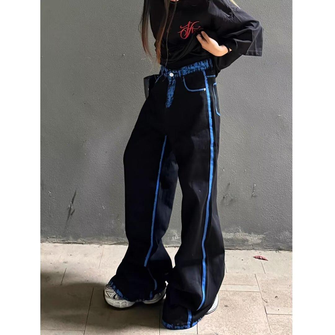 

Тренд Гонконга, мужские летние новые прямые джинсы с персонализированными надписями в стиле хип-хоп, модные уличные модные красивые брюки в стиле хулиган 3XL синий