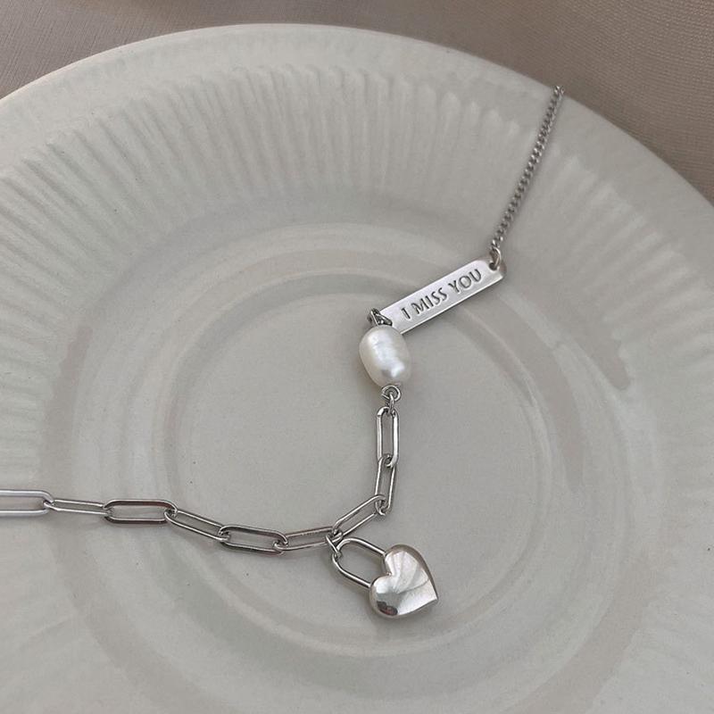 ANENJERY Liebesschloss Herz Perlen Buchstaben Rechteckige Markenhalskette für Frauen Cooler Hiphop-Schmuck