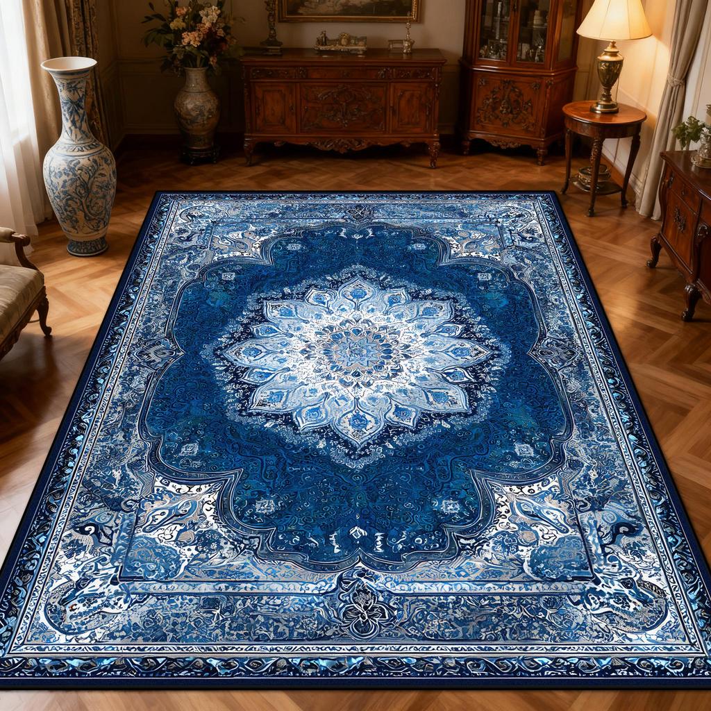 New Classical Carpet Decoration Bedroom Bedside Washable Short Velvet Rug Outdoor Balcony Foldable Soft Floor Mat Blue White