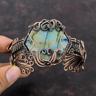 Bracciale rigido in rame e labradorite, regolabile, con filo avvolto, originale, con pietre preziose, in rame, per regalo, fatto a mano