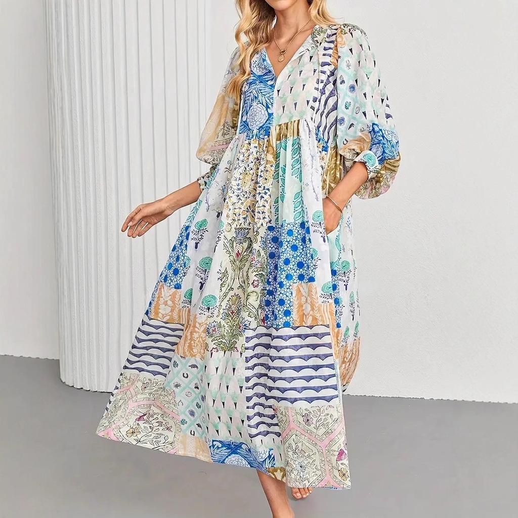 European and American explosive bohemian lantern sleeves fashion printing big pendulum long dress
