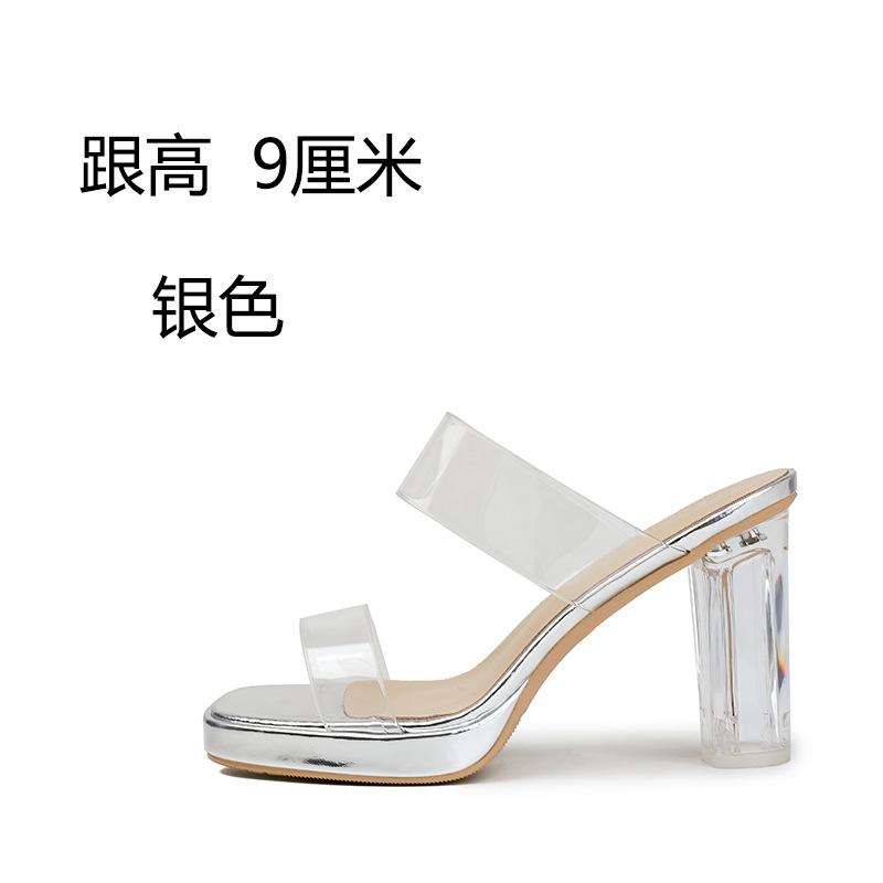 Fashion Transparent High-heeled Slippers Women Summer Waterproof Table Straight Strap Slippers Crystal Heel Thick Heel Sandals for Women