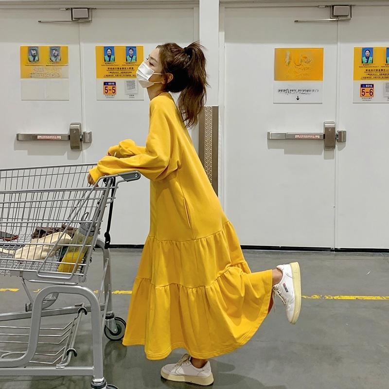 

Легкое платье с длинным рукавом для весны, осени, зимы, больших размеров, свободного кроя, с драпировкой, оборками, А-силуэта, худи, длинная юбка 3XL