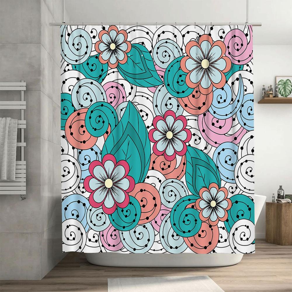 Whimsical Floral Print Shower Curtain Modern Bathroom Decor with Green Leaves, Blue Swirls Pink Flowers Waterproof Fabric for Ba