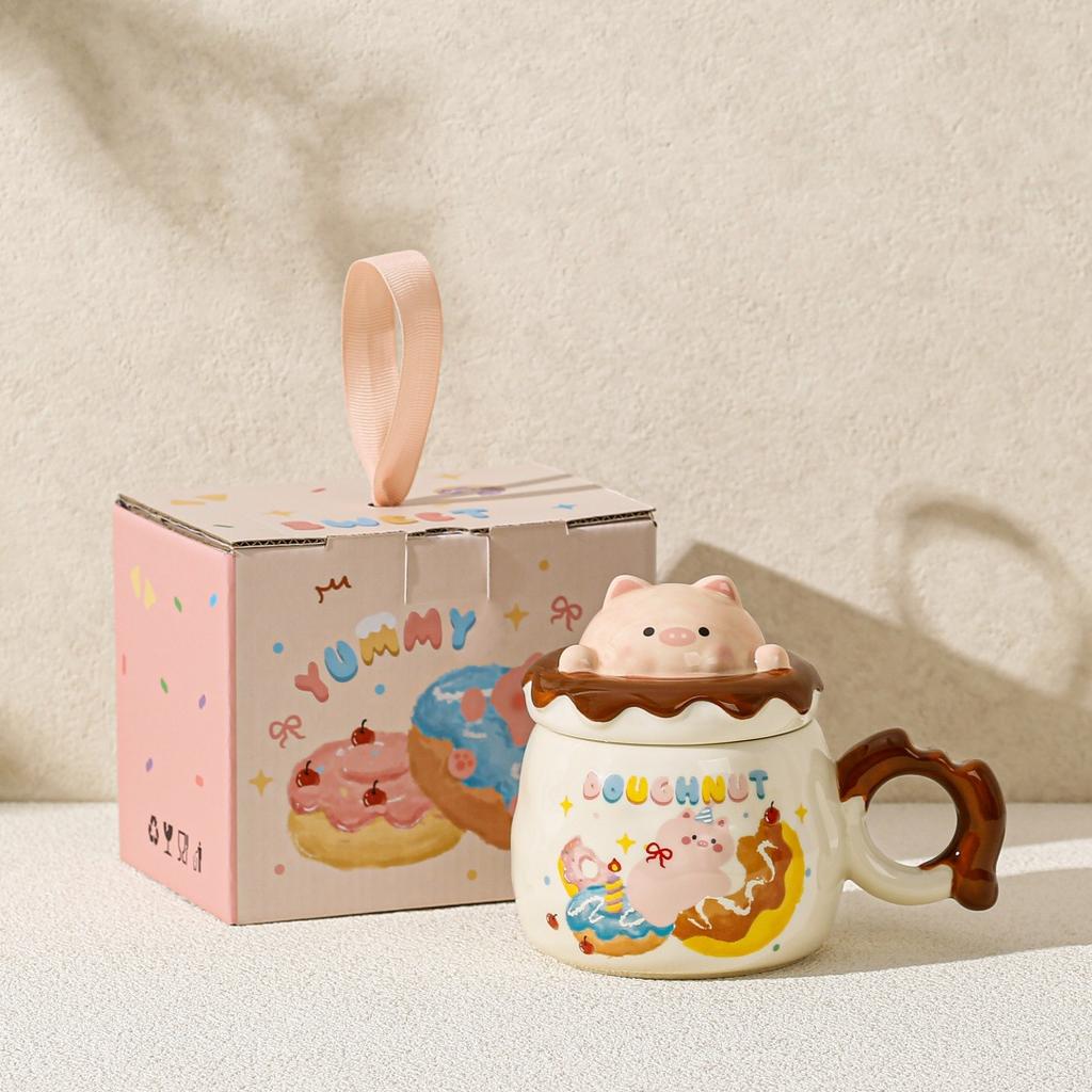 Cartoon animal piggy mug donut little girl ceramic cup with lid large capacity set cup souvenir