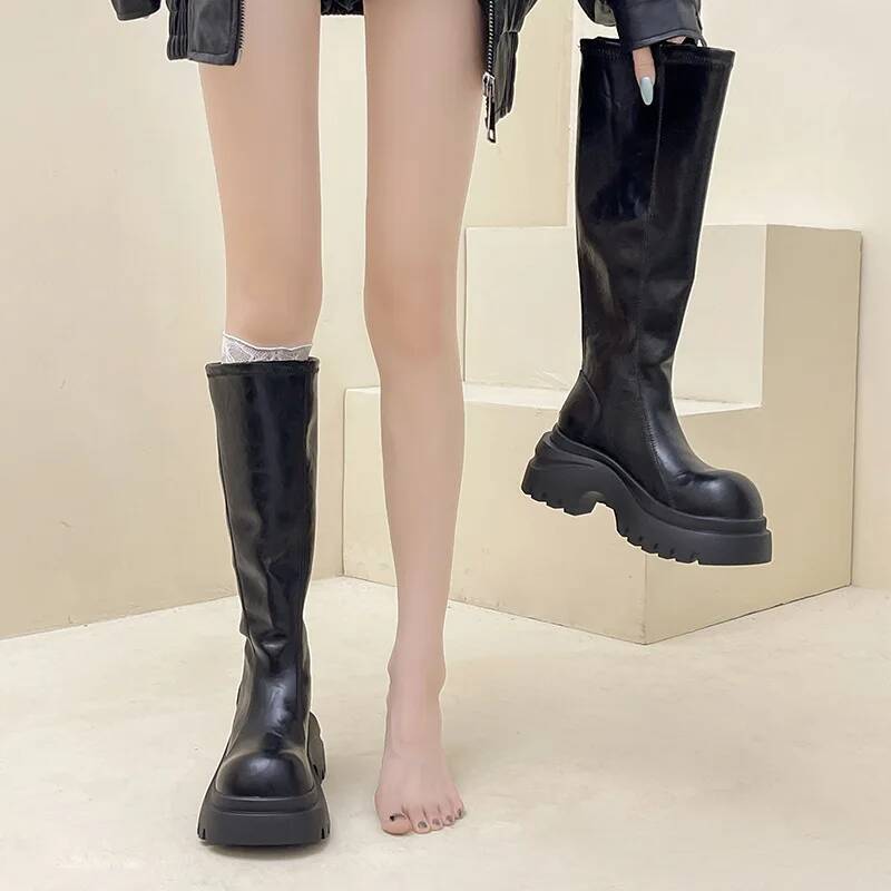 Leather Boots Women'S Stylish Camel Tone Boots Autumn Winter Retro Versatile Round Toe Thick Soled Slip On Knee High Boots