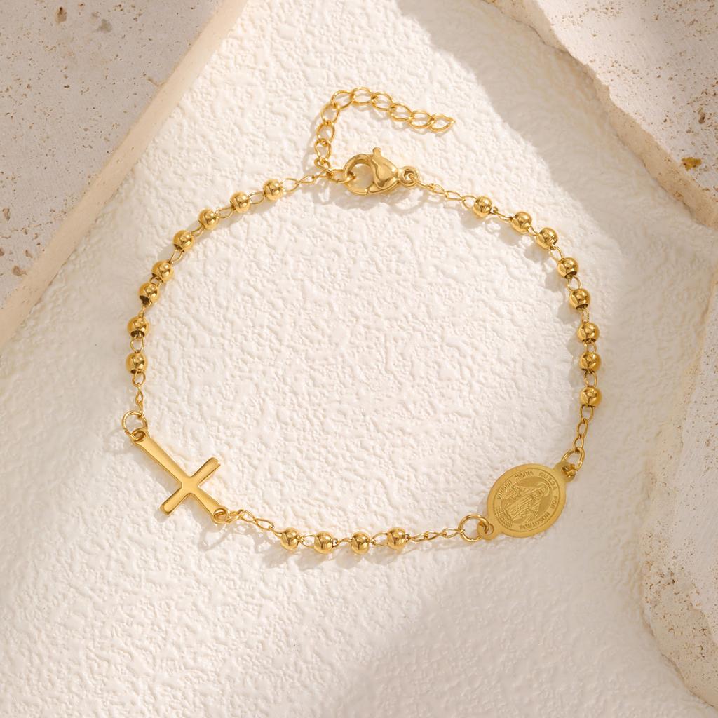Heiliges dreifarbiges Rosenkranz-Kreuz-Armband für Damen, Edelstahl Goldfarbe Benedikt Runde Perlen Armbänder, Christentum Schmuck