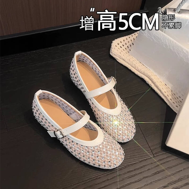 French mesh breathable rhinestone Mary Jane single shoes summer new soft-soled shallow mouth inner height-increasing ballet shoes