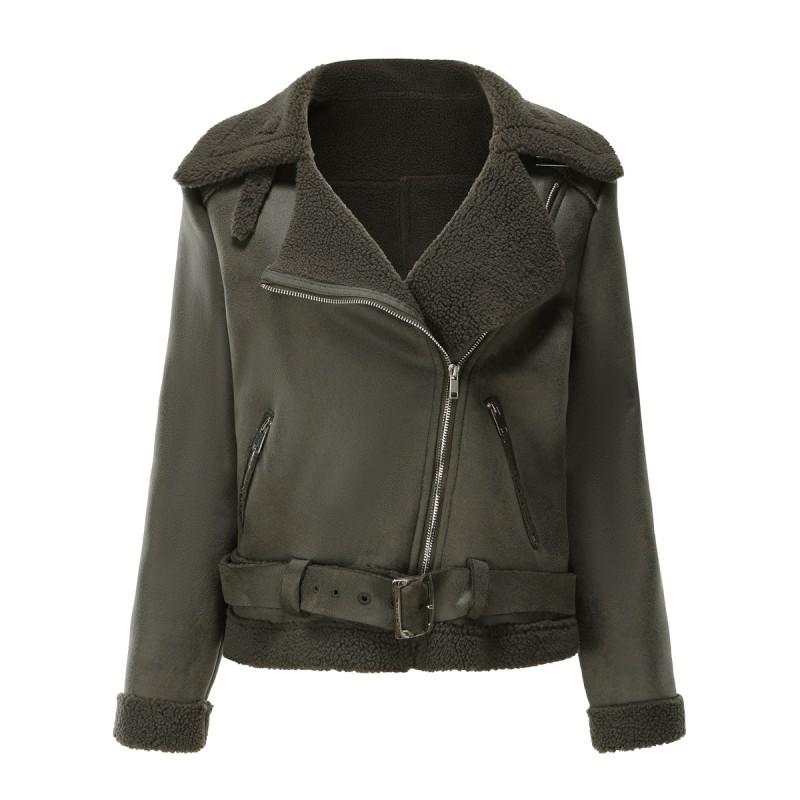 Womens Faux Suede Leather Jacket With Fur Collar Fall Winter Warm Outerwear Long Sleeve Zipper Coat