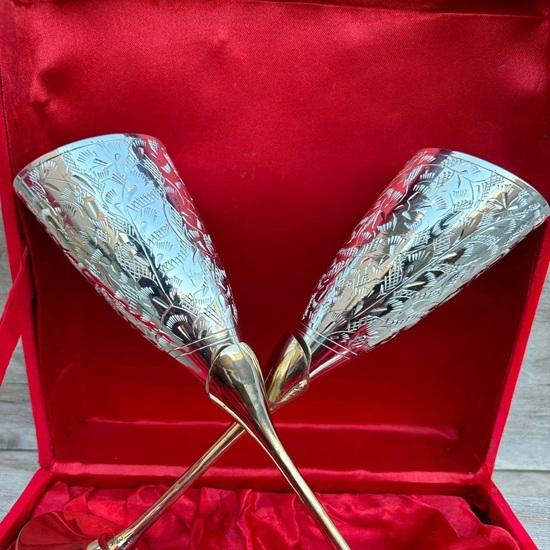Handmade Brass Royal Chalice Goblet Embossed King's Cup Set of 2 Wedding, Anniversary, Christmas, New Year Gift