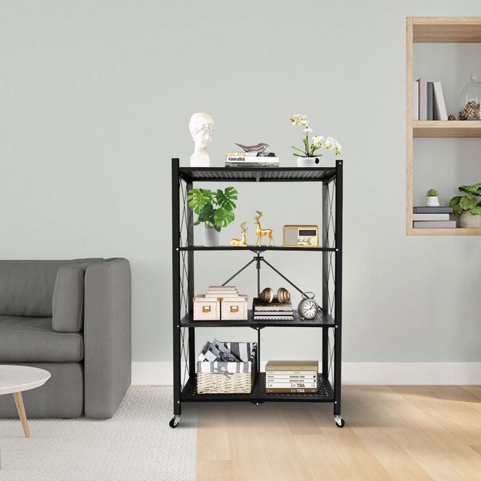 Meuble de rangement pliable - 4 étagères - Métal noir - 4 roulettes verrouillables - 272 kg de capacité