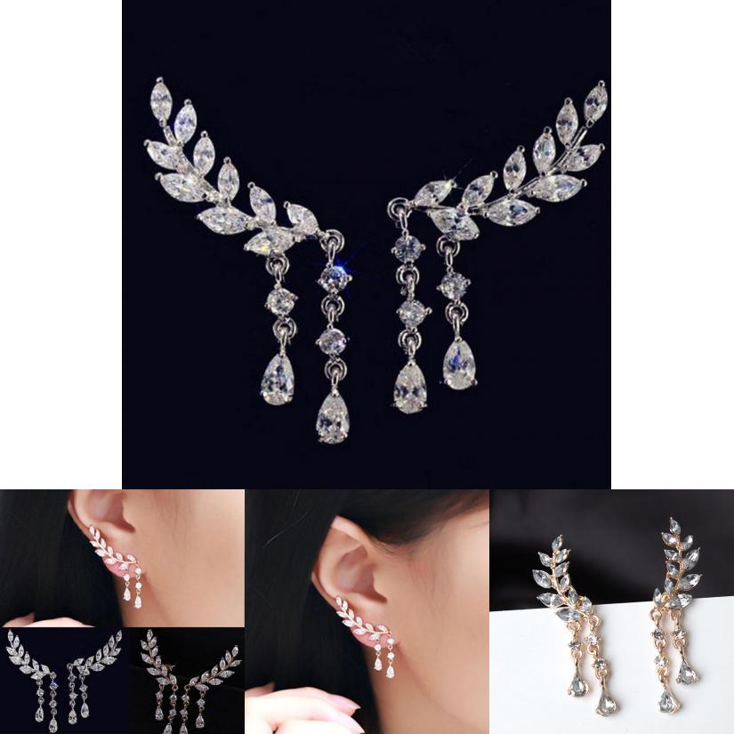 Luxurious Women Crystal Zircon Leaves Tassel Drop Dangle Earrings With A Classic Design