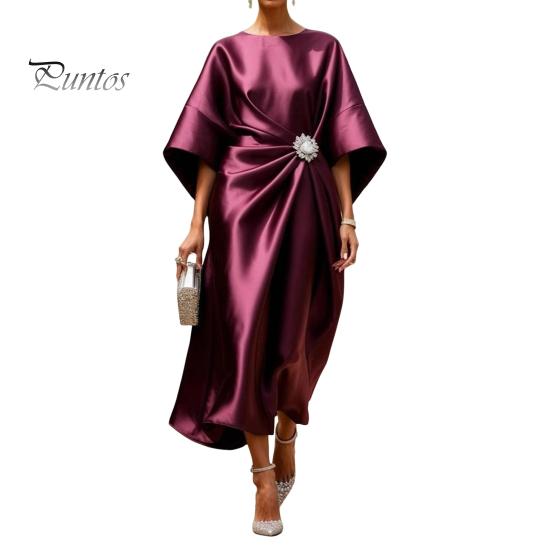 Alltags lässiges Kleid Damen Satin Fledermausärmel Maxikleid, Strassakzent Rundhals Polyester Abendparty A-Linie Formell Hochzeitsgast