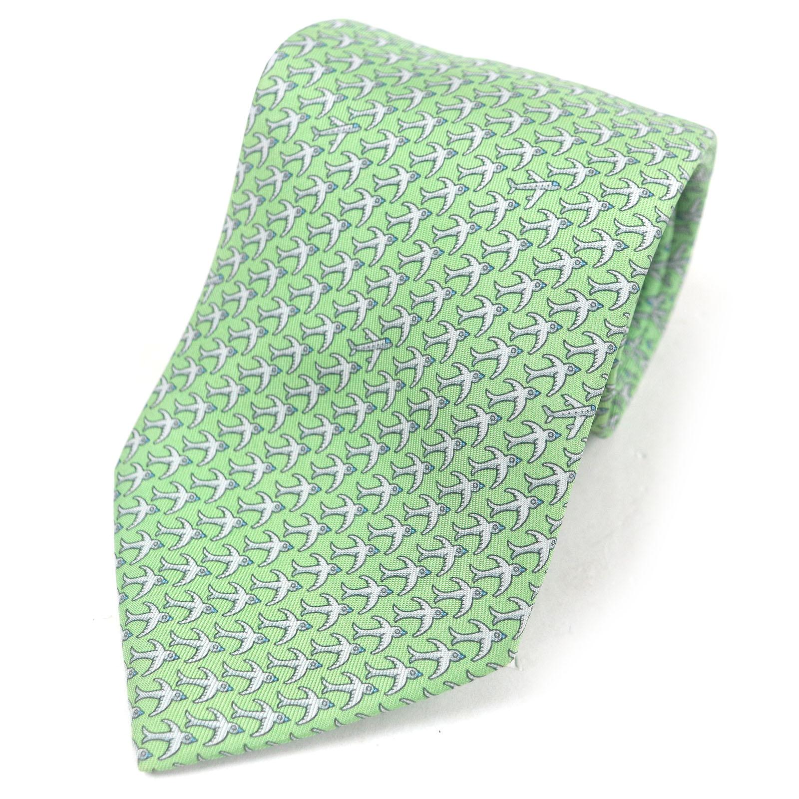 Excellent HERMES tie Airplane bird all-over print wide tie green silk mens Used