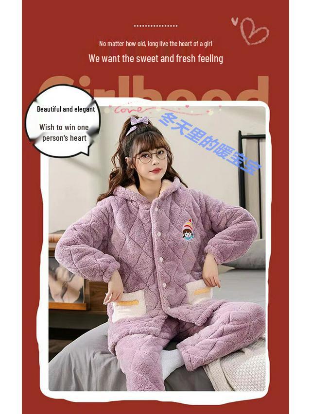 Women's Thick Flannel Pajamas - Plus Size, Wearable Outside or At Home, Autumn/Winter Set