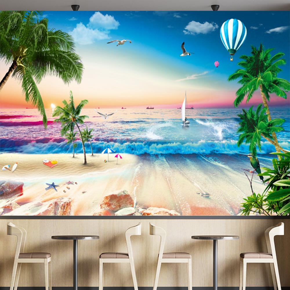 3d Beach Wall Murals Coconut Trees Wallpaper Beach Sea Birds Sailboat Murals Living Room Bedroom Wall Paper