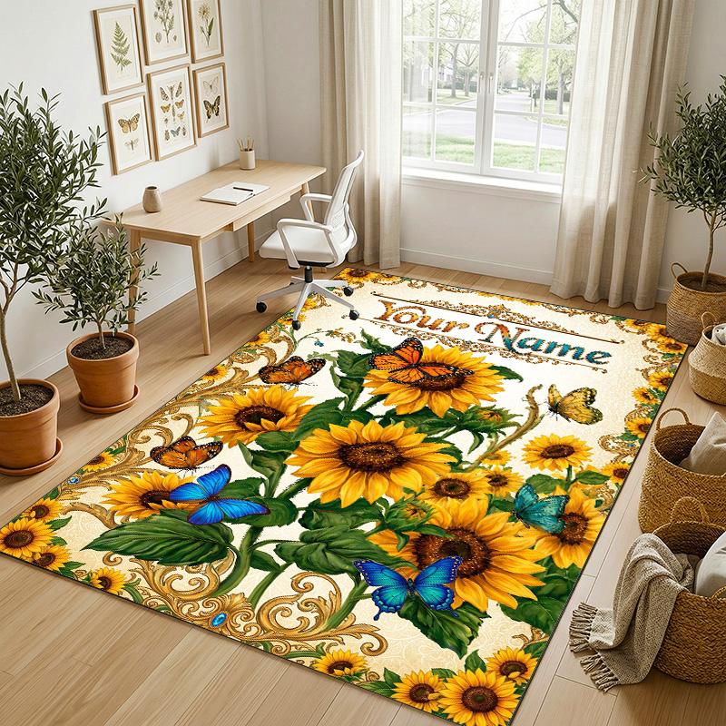 Butterfly Theme Crystal Velvet Rug Personalized Custom Name Text Soft Floor Mat Home Decor