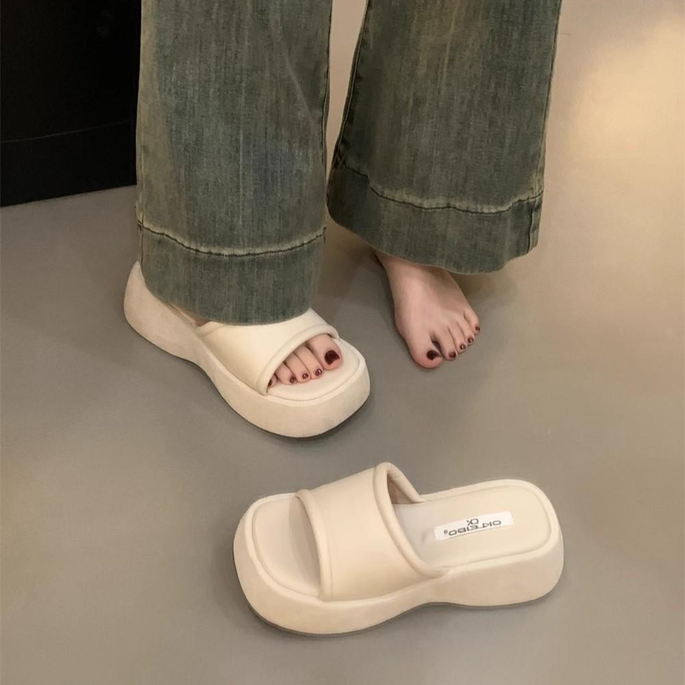 Small Person Increases Height, Thick-soled Cool Slippers, Women's Shoes Wear Summer Muffin Soles, Sandals Are Versatile, and Black One-word Drag Shoe