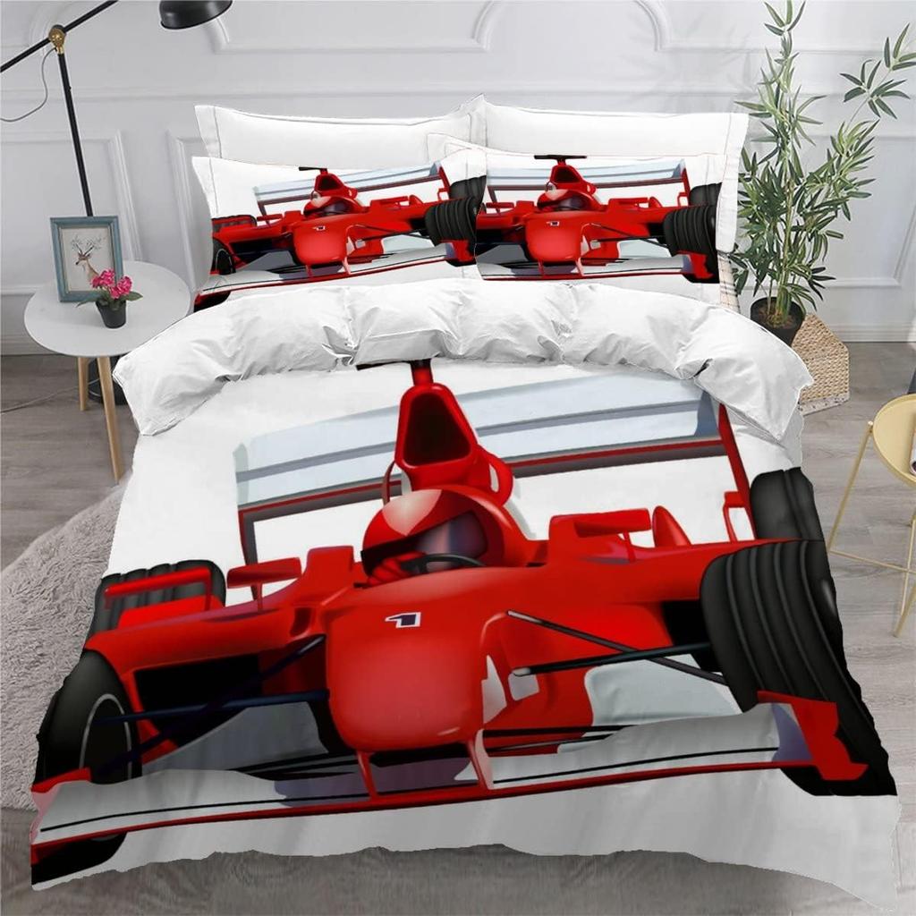 F1 Race car 3D Printed with Zipper Closure,Soft Bedding Set Microfiber 2 Pieces 1 Quilt Cover with 2 Pillowcases Kids Teens